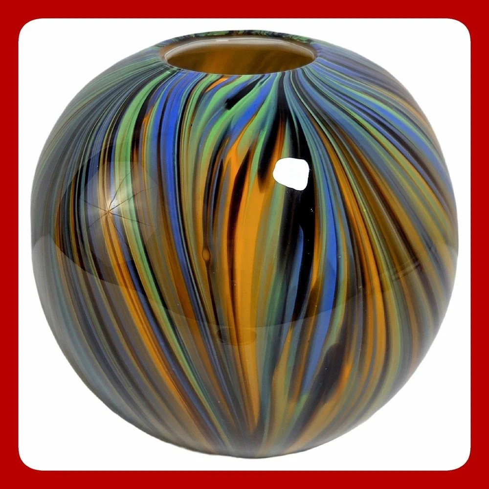 Vintage Hand Blown Art Glass Swirl Sphere Vase Blue Green Amber Feather Orb VTG